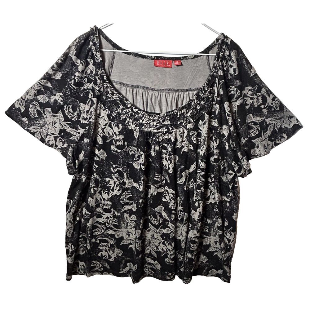 Elle Blouse Womens‎ 2X Black Short Sleeve Ruffle Pullover Stretch-159